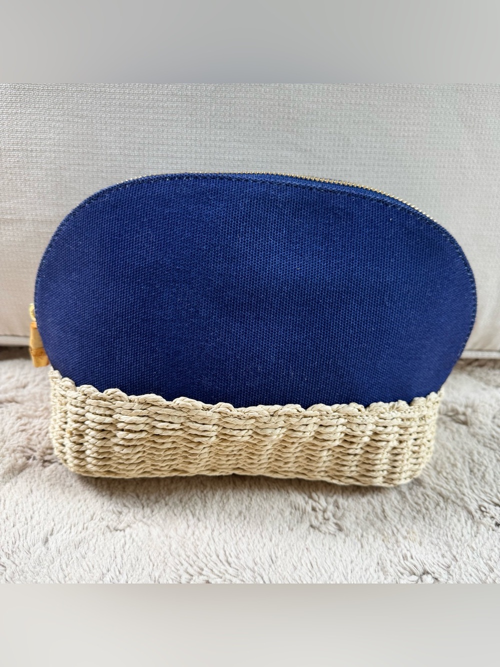 Mark and Graham Navy Denim Blue  Woven Straw Bottom Lined Cosmetic Pouch/Clutch